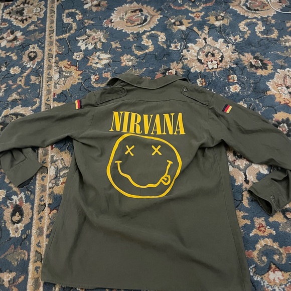 Army green button up jacket, Nirvana logo on back with German flags. - Picture 2 of 3